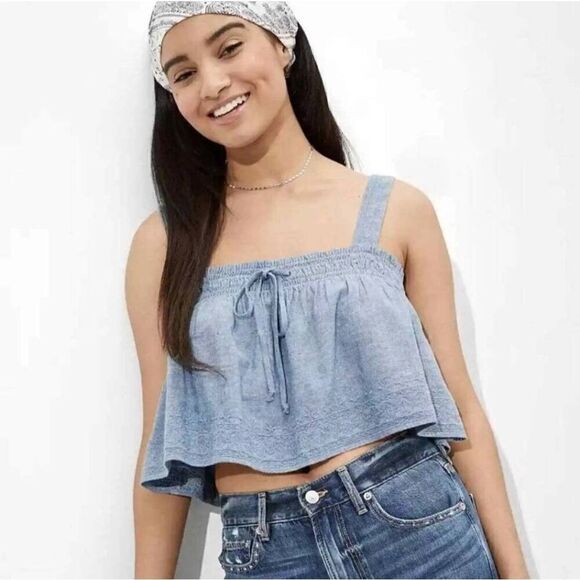 American Eagle Chambray Blue Linen Cropped Swing Embroidered Cami Sz Small NWT - Picture 1 of 13